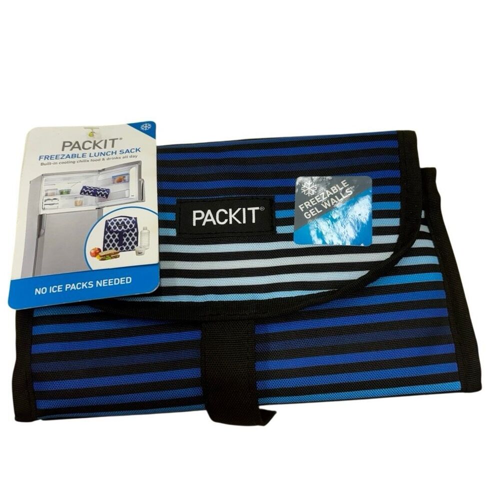PackIt Freezable Lunch Sack Blue Stripe Insulated Cooler Bag NWT PK2-LN-BOS2